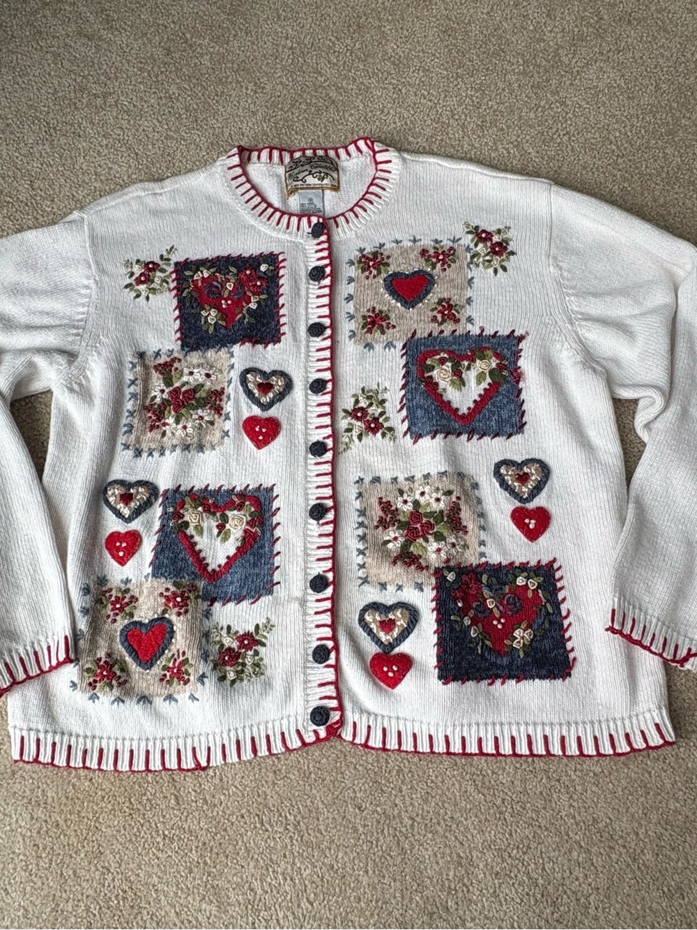 Vintage Heirloom Collectibles.White Embroidered Heart Patchwork Cardigan Sweater